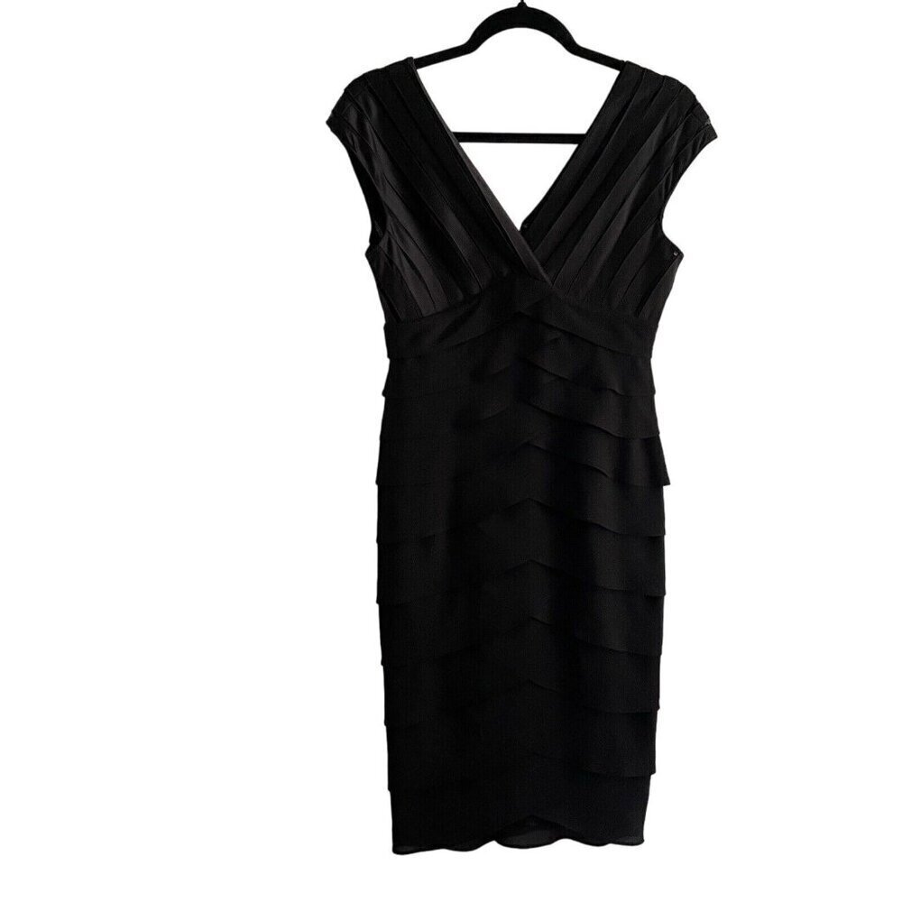 Adrianna Papell Women SZ 4 Black Layered V-Neckline Sheer Top Sheath Dress